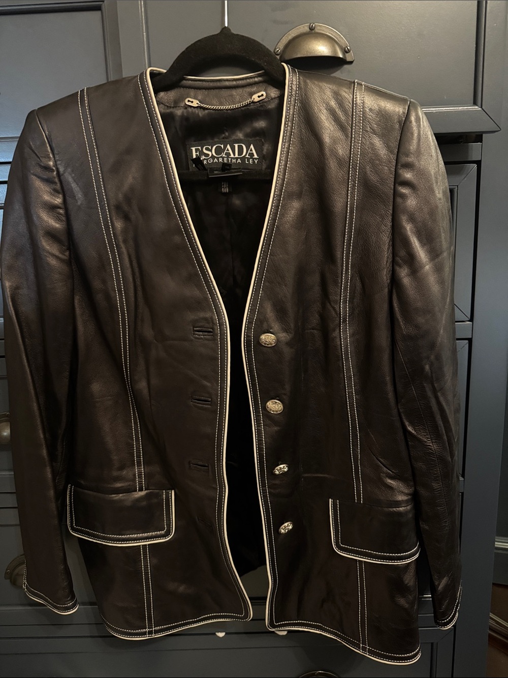 Escada Black Leather Jacket with White Contrast Stitching